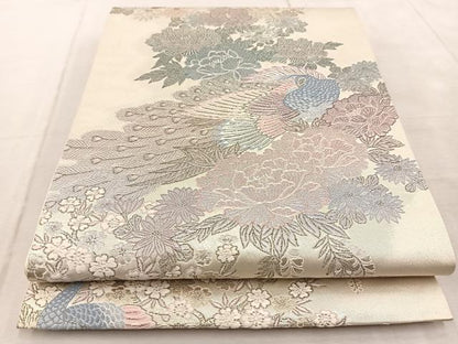 平和屋着物◎六通柄袋帯 唐織 花園孔雀文 プラチナ箔 正絹 逸品 BAAV4221yc