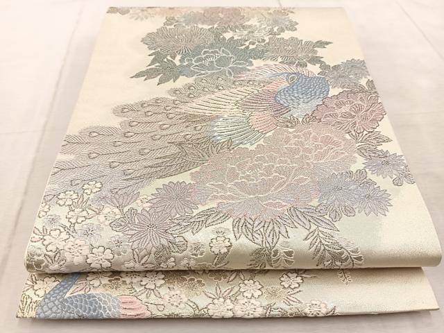 平和屋着物◎六通柄袋帯 唐織 花園孔雀文 プラチナ箔 正絹 逸品 BAAV4221yc