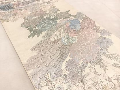 平和屋着物◎六通柄袋帯 唐織 花園孔雀文 プラチナ箔 正絹 逸品 BAAV4221yc