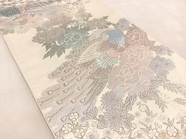 平和屋着物◎六通柄袋帯 唐織 花園孔雀文 プラチナ箔 正絹 逸品 BAAV4221yc