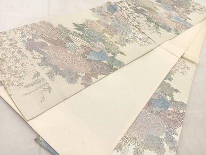 平和屋着物◎六通柄袋帯 唐織 花園孔雀文 プラチナ箔 正絹 逸品 BAAV4221yc