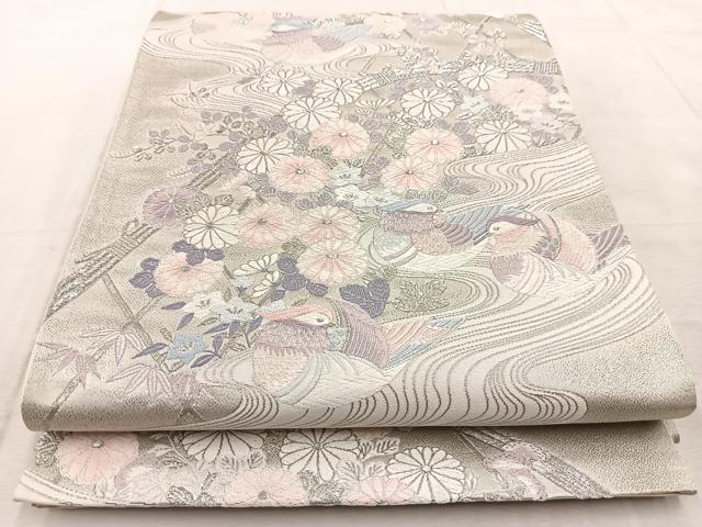 平和屋着物◎六通柄袋帯 唐織 鴛鴦秋草文 九百錦 プラチナ箔 正絹 逸品 BAAV4223yc