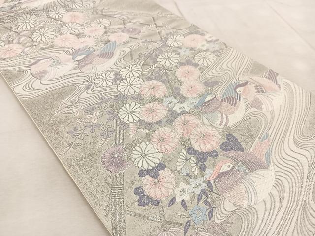 平和屋着物◎六通柄袋帯 唐織 鴛鴦秋草文 九百錦 プラチナ箔 正絹 逸品 BAAV4223yc