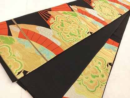 平和屋着物◎六通柄袋帯　扇面花文　黒地　金銀糸　正絹　逸品　BAAV4236yc