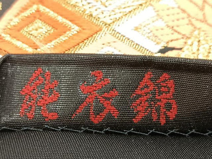 平和屋着物●六通柄袋帯　唐織　能衣錦　扇面花文　黒地　金糸　正絹　逸品　BAAV4238yc