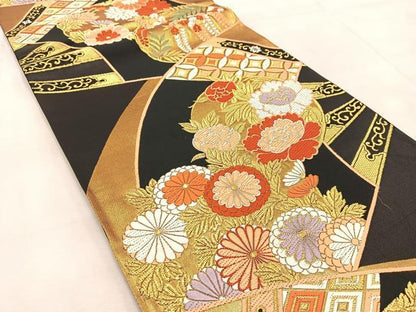 平和屋着物●六通柄袋帯　唐織　能衣錦　扇面花文　黒地　金糸　正絹　逸品　BAAV4238yc