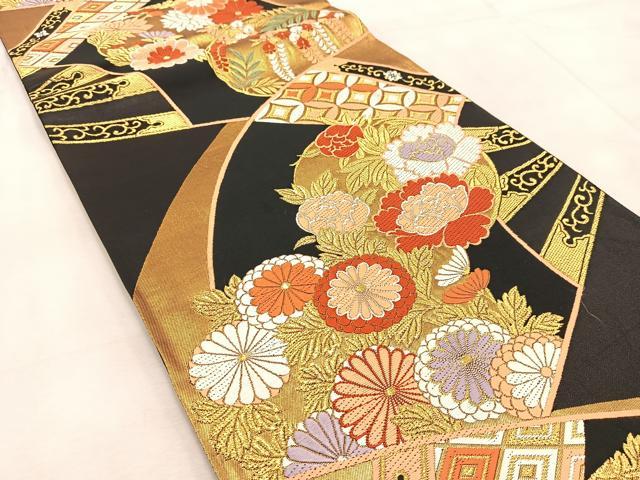 平和屋着物●六通柄袋帯　唐織　能衣錦　扇面花文　黒地　金糸　正絹　逸品　BAAV4238yc