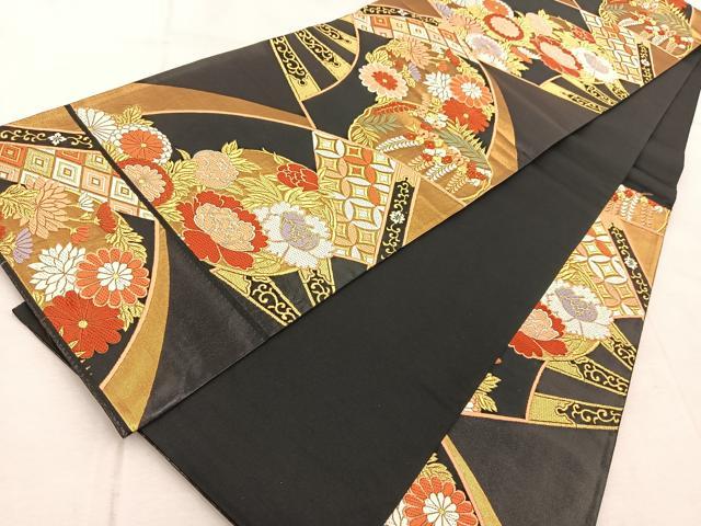 平和屋着物●六通柄袋帯　唐織　能衣錦　扇面花文　黒地　金糸　正絹　逸品　BAAV4238yc