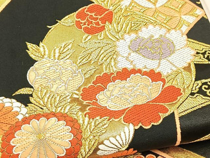 平和屋着物●六通柄袋帯　唐織　能衣錦　扇面花文　黒地　金糸　正絹　逸品　BAAV4238yc