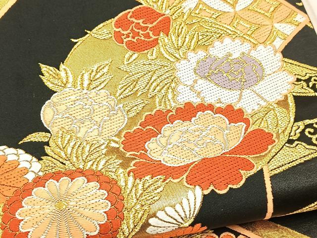 平和屋着物●六通柄袋帯　唐織　能衣錦　扇面花文　黒地　金糸　正絹　逸品　BAAV4238yc