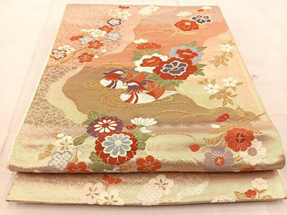 平和屋着物◎六通柄袋帯 唐織 鴛鴦花文 金糸 正絹 逸品 BAAV4245yc