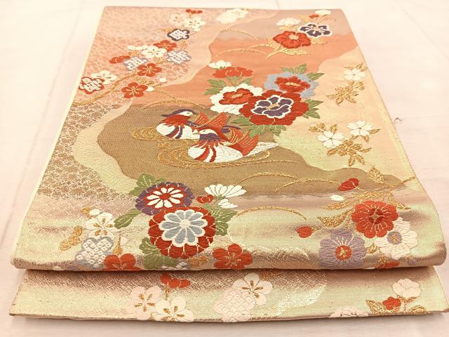 平和屋着物◎六通柄袋帯 唐織 鴛鴦花文 金糸 正絹 逸品 BAAV4245yc