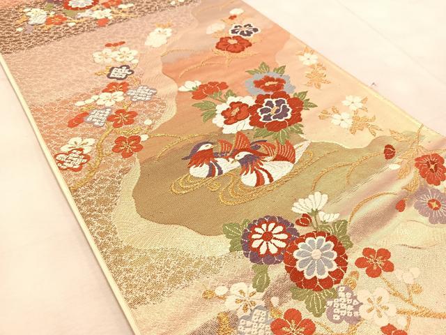 平和屋着物◎六通柄袋帯 唐織 鴛鴦花文 金糸 正絹 逸品 BAAV4245yc