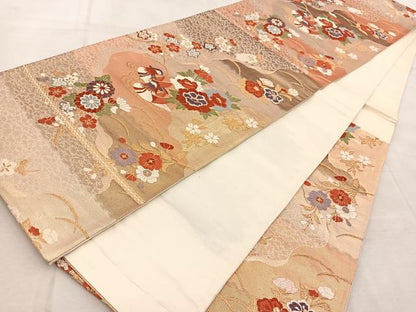 平和屋着物◎六通柄袋帯 唐織 鴛鴦花文 金糸 正絹 逸品 BAAV4245yc
