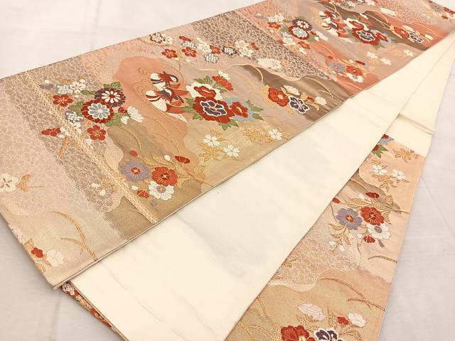 平和屋着物◎六通柄袋帯 唐織 鴛鴦花文 金糸 正絹 逸品 BAAV4245yc