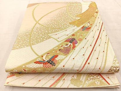 平和屋着物◎六通柄袋帯　唐織　束ね熨斗花鳥文　金糸　正絹　逸品　BAAV4257yc