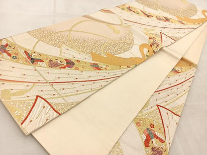 平和屋着物◎六通柄袋帯　唐織　束ね熨斗花鳥文　金糸　正絹　逸品　BAAV4257yc
