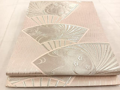 平和屋着物◎六通柄袋帯　扇面桜楓文　銀糸　正絹　逸品　BAAV4275yc