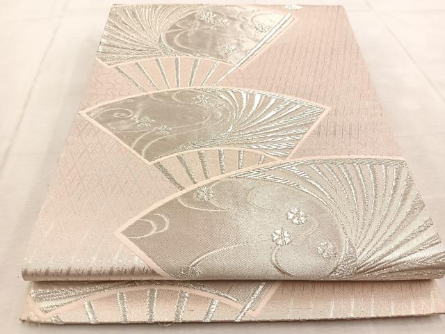 平和屋着物◎六通柄袋帯　扇面桜楓文　銀糸　正絹　逸品　BAAV4275yc