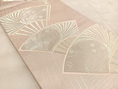 平和屋着物◎六通柄袋帯　扇面桜楓文　銀糸　正絹　逸品　BAAV4275yc