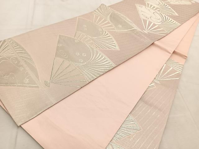 平和屋着物◎六通柄袋帯　扇面桜楓文　銀糸　正絹　逸品　BAAV4275yc