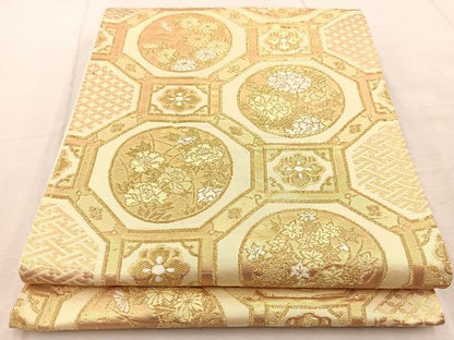 平和屋着物◎六通柄袋帯　唐織　蜀江花丸文　金糸　正絹　逸品　BAAV4293yc