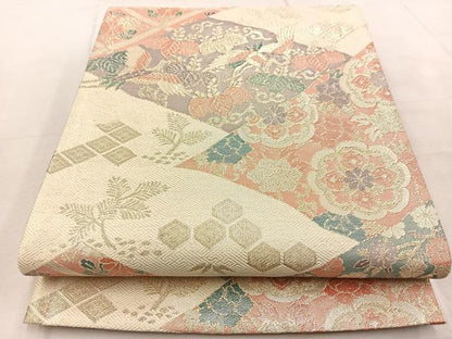 平和屋着物◎佐賀錦　六通柄袋帯　飛鶴草花文　金糸　正絹　逸品　BAAV4305yc