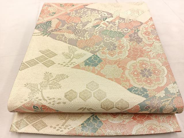平和屋着物◎佐賀錦　六通柄袋帯　飛鶴草花文　金糸　正絹　逸品　BAAV4305yc