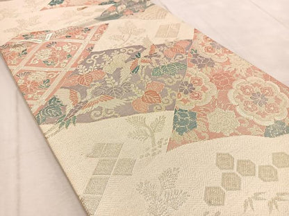 平和屋着物◎佐賀錦　六通柄袋帯　飛鶴草花文　金糸　正絹　逸品　BAAV4305yc