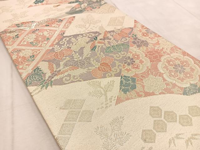 平和屋着物◎佐賀錦　六通柄袋帯　飛鶴草花文　金糸　正絹　逸品　BAAV4305yc