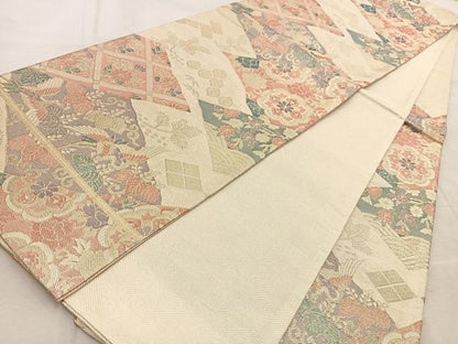 平和屋着物◎佐賀錦　六通柄袋帯　飛鶴草花文　金糸　正絹　逸品　BAAV4305yc