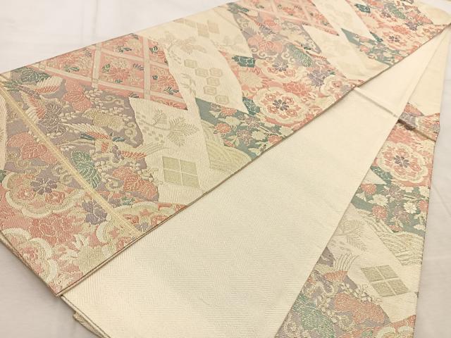 平和屋着物◎佐賀錦　六通柄袋帯　飛鶴草花文　金糸　正絹　逸品　BAAV4305yc