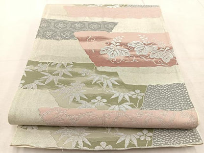平和屋着物◎六通柄袋帯　横段草花文　銀糸　正絹　逸品　BAAV4438yc
