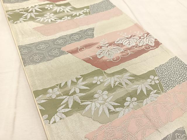 平和屋着物◎六通柄袋帯　横段草花文　銀糸　正絹　逸品　BAAV4438yc