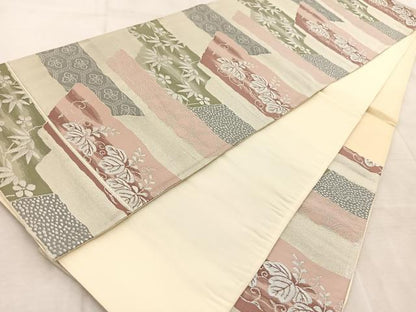 平和屋着物◎六通柄袋帯　横段草花文　銀糸　正絹　逸品　BAAV4438yc