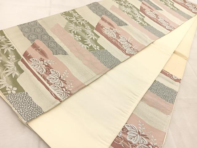 平和屋着物◎六通柄袋帯　横段草花文　銀糸　正絹　逸品　BAAV4438yc