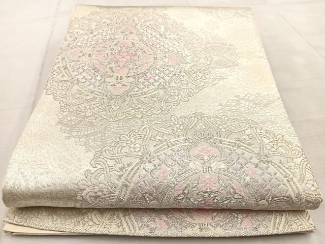 平和屋着物◎六通柄袋帯　唐織　正倉院花文　銀糸　正絹　逸品　BAAV4441yc