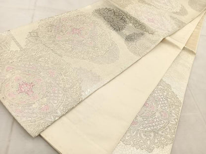 平和屋着物◎六通柄袋帯　唐織　正倉院花文　銀糸　正絹　逸品　BAAV4441yc