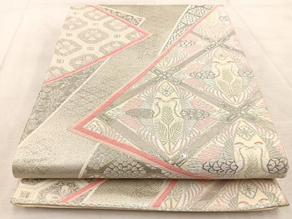 平和屋着物◎六通柄袋帯 唐織 プラチナ箔 双鶴花文 正絹 逸品 BAAV4452yc