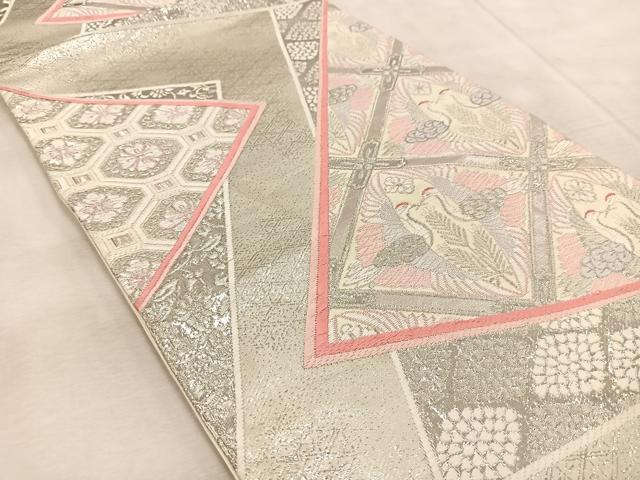 平和屋着物◎六通柄袋帯 唐織 プラチナ箔 双鶴花文 正絹 逸品 BAAV4452yc