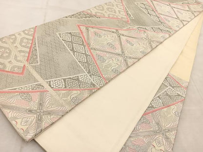平和屋着物◎六通柄袋帯 唐織 プラチナ箔 双鶴花文 正絹 逸品 BAAV4452yc
