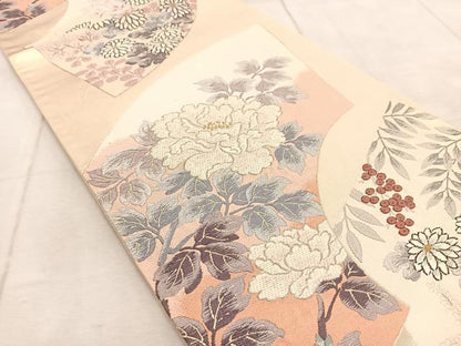 平和屋着物◎六通柄袋帯　唐織　宗達寿扇文　金糸　正絹　逸品　BAAV4453yc