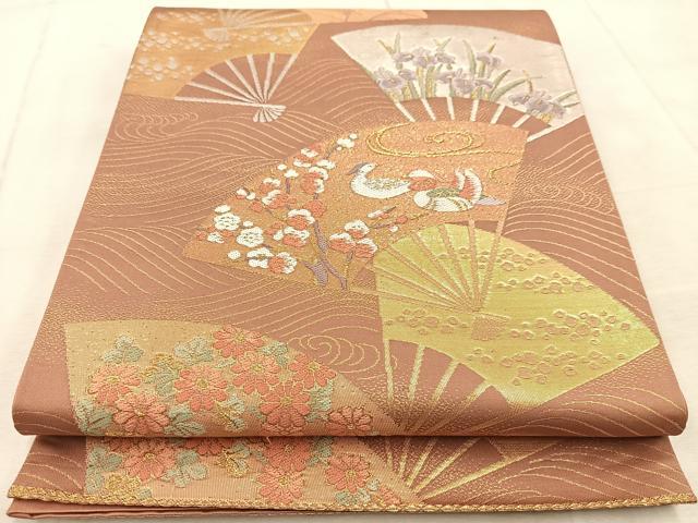 平和屋着物◎六通柄袋帯　唐織　扇面花鳥文　金銀糸　正絹　逸品　BAAV4461yc