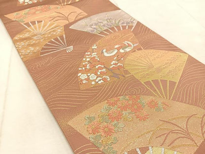 平和屋着物◎六通柄袋帯　唐織　扇面花鳥文　金銀糸　正絹　逸品　BAAV4461yc