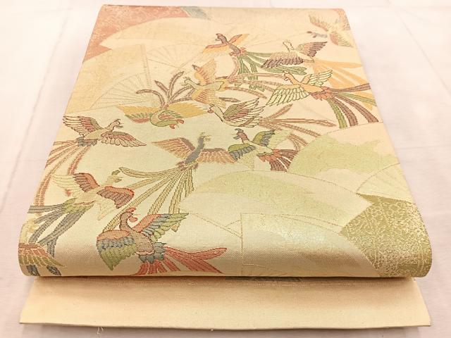 平和屋着物◎六通柄袋帯 鳳凰扇面花文 金糸 正絹 逸品 BAAV4468yc
