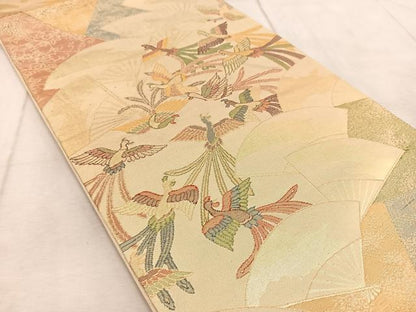 平和屋着物◎六通柄袋帯 鳳凰扇面花文 金糸 正絹 逸品 BAAV4468yc