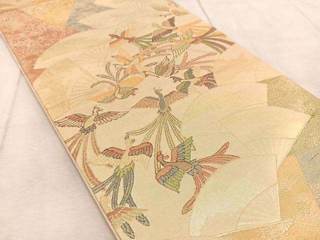 平和屋着物◎六通柄袋帯 鳳凰扇面花文 金糸 正絹 逸品 BAAV4468yc