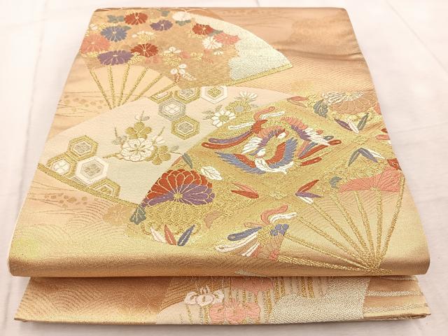 平和屋着物◎六通柄袋帯　唐織　鳳凰扇面花文　金銀糸　正絹　逸品　BAAV4472yc