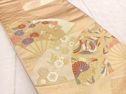 平和屋着物◎六通柄袋帯　唐織　鳳凰扇面花文　金銀糸　正絹　逸品　BAAV4472yc
