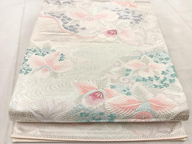 平和屋着物◎六通柄袋帯 唐織 流水カトレア文 銀糸 正絹 逸品 BAAV4475yc